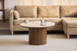 Enzo Couchtisch mit Steinplatte und geräuchertem Eichen-Lamellenfuß Ø78 cm – Bild 6