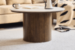 Enzo Couchtisch mit Steinplatte und geräuchertem Eichen-Lamellenfuß Ø78 cm – Bild 8
