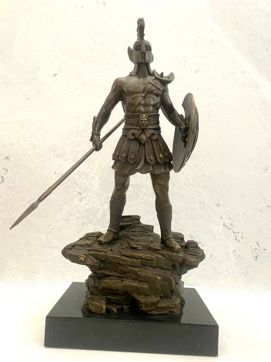 KriegermitSpeerBronzefigur-009 Bronzefigur Spartaner mit Speer und Schild - Bronze Krieger auf Marmorsockel – Bild 1