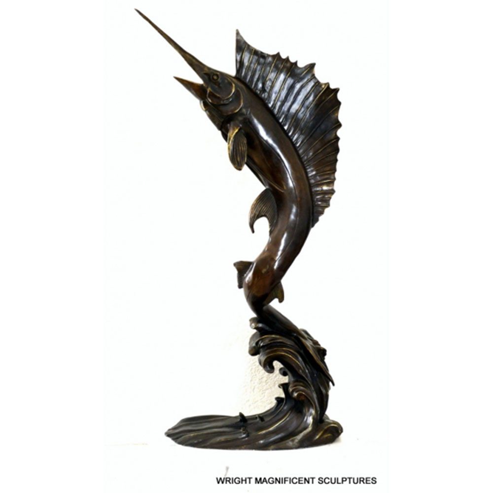 Schwertfisch-1 Großer Bronze Schwertfisch auf edlem weißen Marmor mit Künstlersignatur – Bild 1