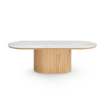 Bobby - Ovaler Couchtisch mit hellbeiger Steintischplatte und Eichengestell 120x55x45 cm